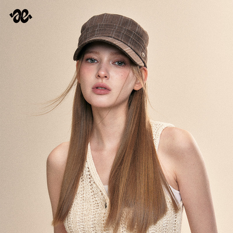Amoge 复古格纹马术帽女2026新款高级感百搭防晒高顶鸭舌骑士帽子