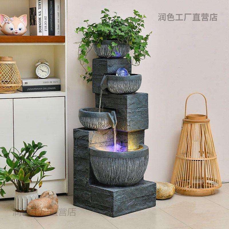 简约陶罐树脂流水喷泉客厅办公室桌花园布置装饰景观招才落地摆件