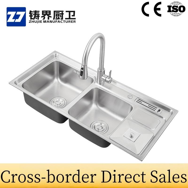 304不锈钢水槽跨境大双槽带板带垃圾桶水槽多功能水槽厨房洗菜池