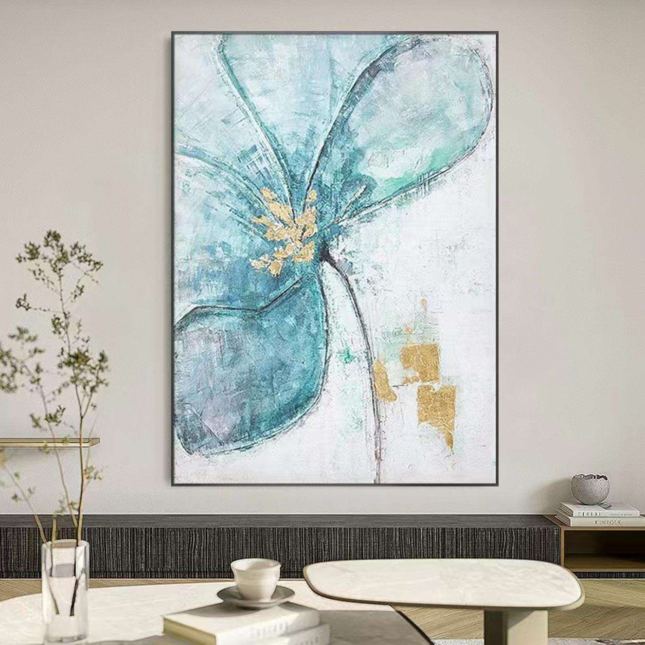 纯手绘油画客厅餐厅轻奢大幅落地花卉装饰画入户玄关金箔抽象挂画