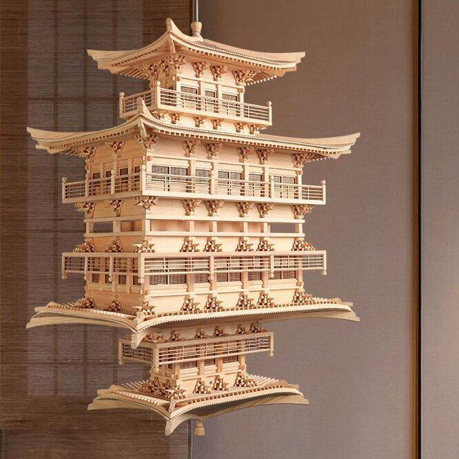境泉金阁寺新中式禅意实木拼装古建筑模型酒店大堂售楼处空中吊饰