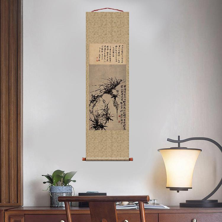 清郑板桥幽兰图挂轴条幅卷轴花鸟画名画复制品玄关画名人字画
