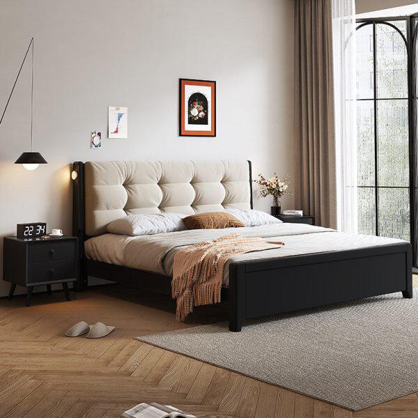 主卧黑色双人床x软包22米古风复古储物床中高箱北欧实木床2米1.8m