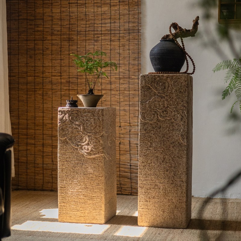 新中式落地彷古石柱o客厅玄关展示柱民宿茶室祥云柱装饰底座摆件