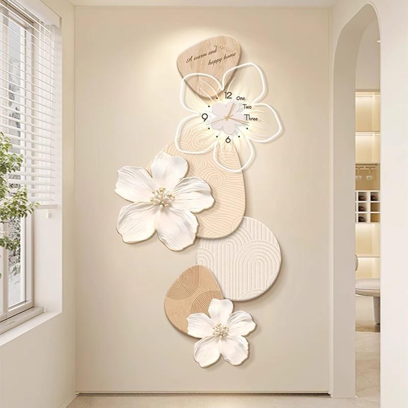 奶油风花卉入户玄关装饰画北欧走廊过道带钟表挂画客厅发光壁灯画