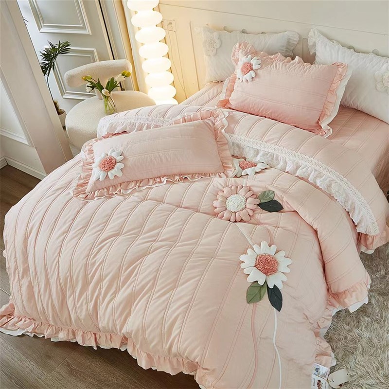 韩版新款纯棉手工立体盘花绣花绗缝菲边工艺O多用被床盖枕套四件