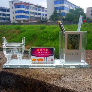水晶笔筒一言九鼎三件套教师节实用商务办公用品礼品水晶笔筒