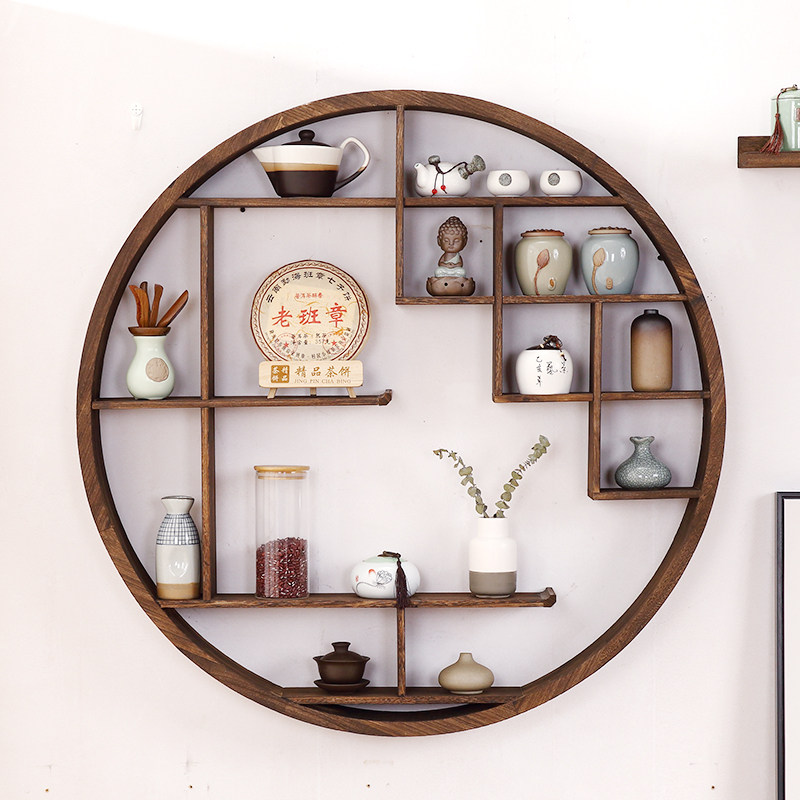 圆形博古架实木中式壁挂式多宝阁挂墙茶壶架子置物架X隔断仿古董