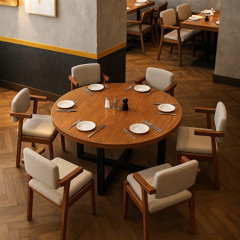 商用餐饮圆桌胡桃木色简易餐u桌饭厅大圆桌饭馆餐桌椅组合10人圆