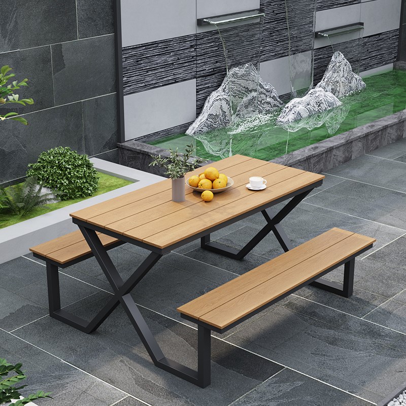 户外连体桌椅公园椅铁艺花园庭院A座椅景区长凳配套PS塑木桌椅组