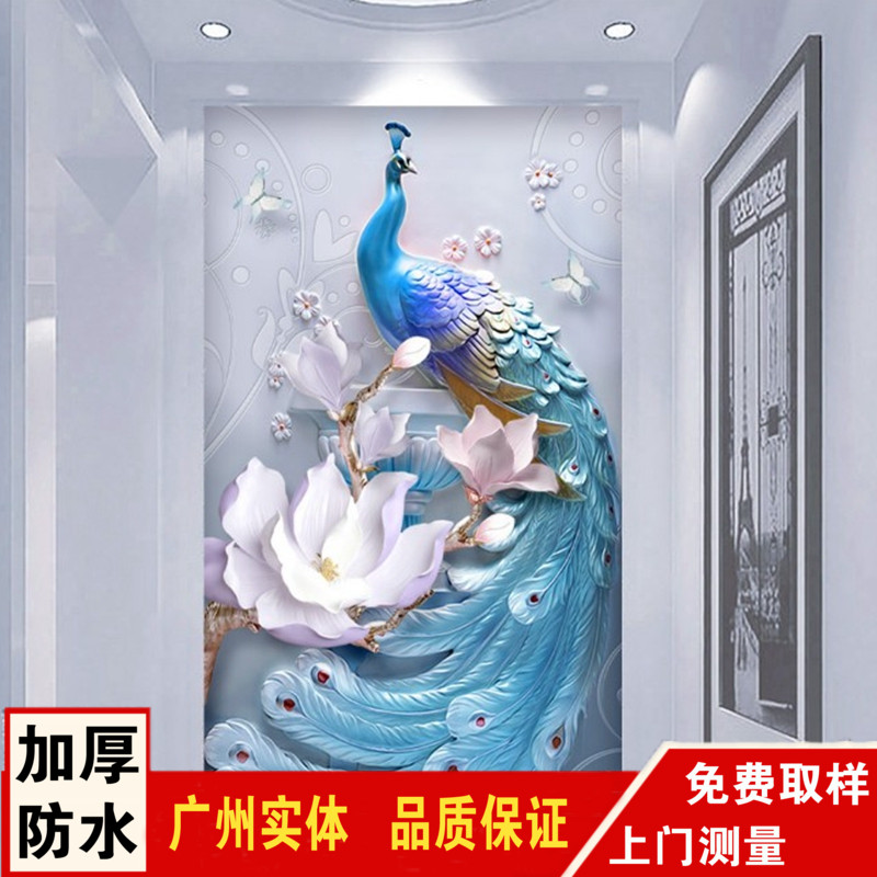 蓝孔雀玄关过道背景墙壁纸走廊客B厅壁画布8D立体简约现代墙布无