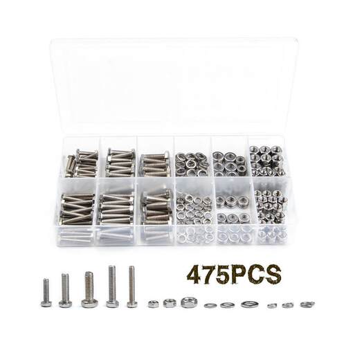475pcs/盒不锈钢公制螺母栓盒装M4/M5/M6螺钉螺母平垫弹垫组合装