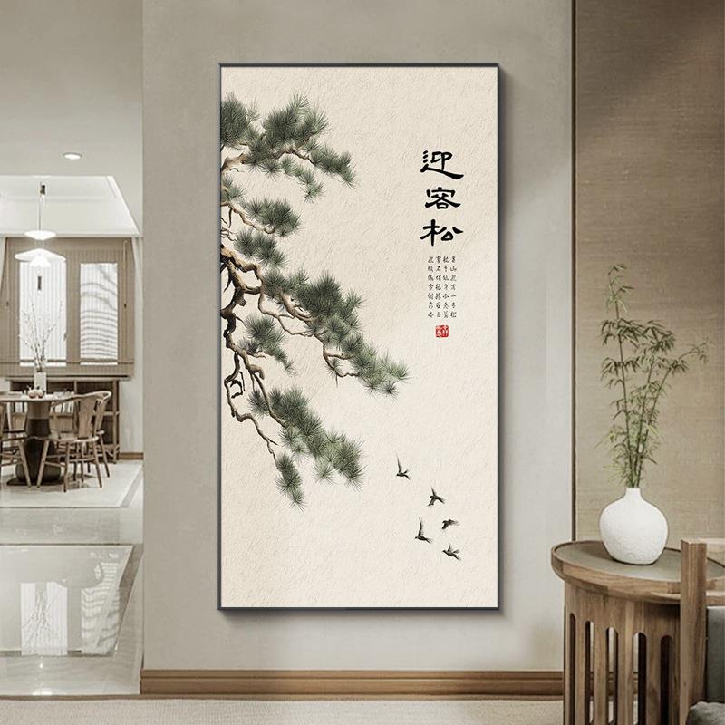 跨境新中式迎客松玄关装饰画走廊墙壁挂画入户正对门玄关画挂墙画