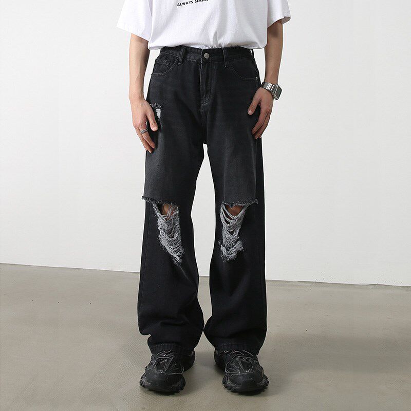 夏季新款黑灰色双膝盖破洞磨破牛仔裤男宽松直筒阔腿坠感拖地潮牌