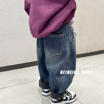 软~男童宽松加绒牛仔裤儿童百搭加厚长裤冬季宝宝洋派修身裤子潮