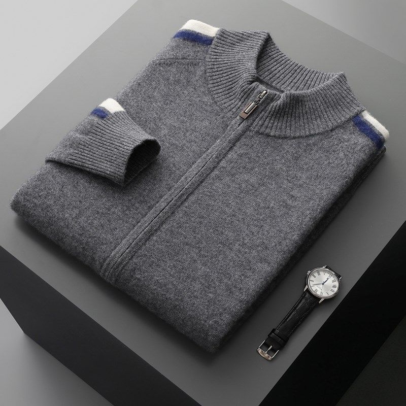 纯山羊绒提花开衫男半高领秋冬春新款条纹外套保暖大码休闲毛衣,男装,羊绒开衫,淘宝优惠券,粉丝福利购,淘宝优惠卷