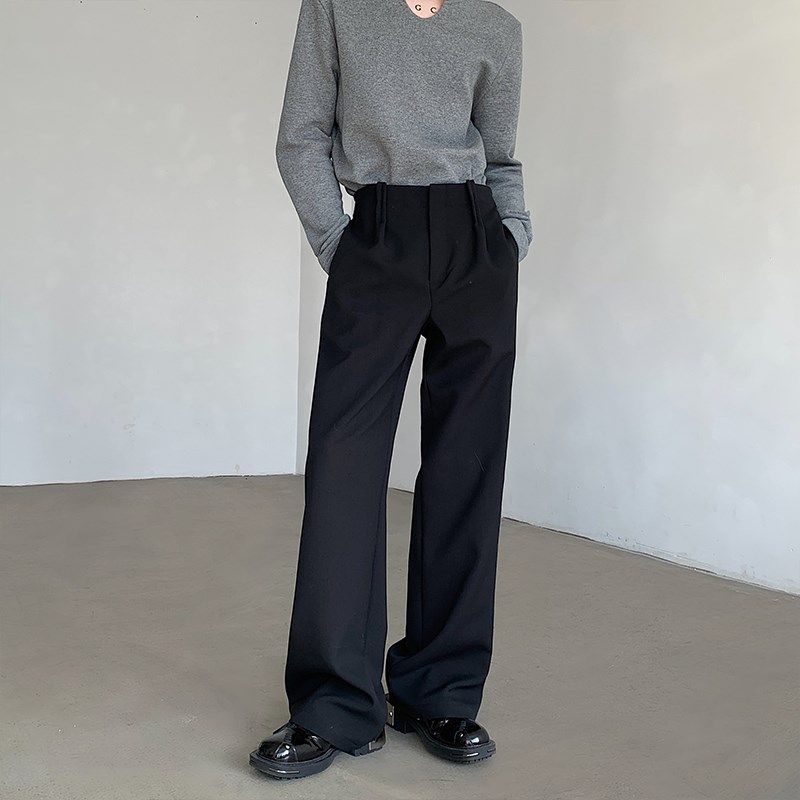 黑色垂感西装裤男褶皱设计感无扣直筒休闲阔腿裤百搭宽松拖地长裤,男装,休闲裤,淘宝优惠券,粉丝福利购,淘宝优惠卷