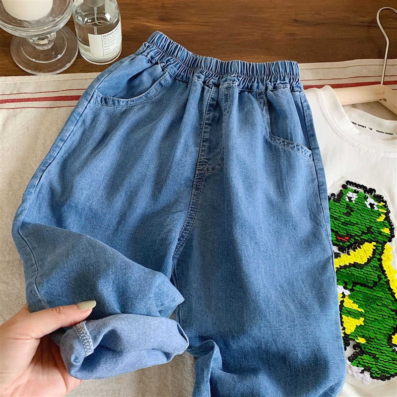 儿童牛仔裤男女童韩版童装中小童夏季薄款长裤纯色宽松直筒裤潮