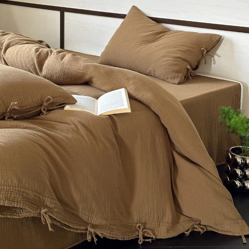 复古诧寂风A类四件套全棉柔软双层纱纯色系带款绉绉纱床单床品套,床上用品,床品套件/四件套/多件套,淘宝优惠券,粉丝福利购,淘宝优惠卷