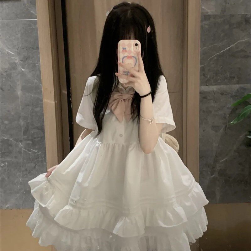 大码女装2025新款夏季公主裙日系学院风轻lo甜美白色蛋糕裙连衣裙