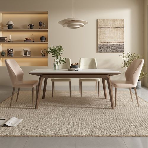 北欧长方形岩板餐桌家用实木小户型新中式吃饭桌子奶油餐桌椅组合