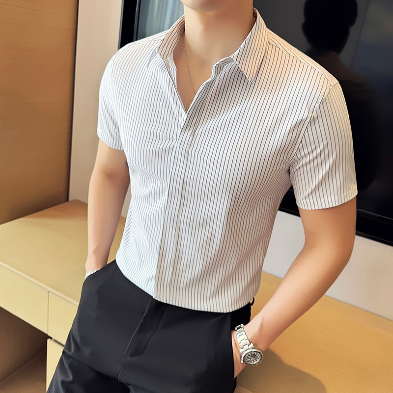 条纹衬衫男士短袖夏季高级感男装2024年新款商务休闲男款冰丝衬衣图片