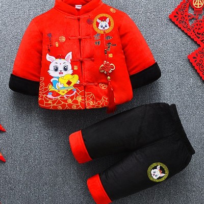 婴儿男童2一1岁半拜年服冬季套装男宝宝周岁棉服加厚过年衣服分体