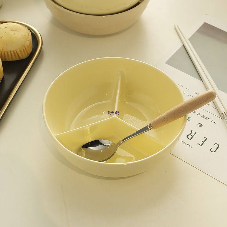 纯色陶瓷分格分餐饭盒微波炉加热上班族带盖保鲜碗圆形便当盒餐具