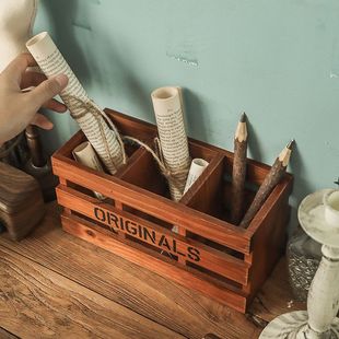 笔筒学生书桌复古木质文具置物架办公桌桌面收纳盒子实木化妆刷桶