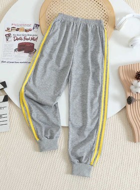 小学生春秋灰色黄条纯棉加绒男女校服裤黄双杠收脚儿童运动裤冬季