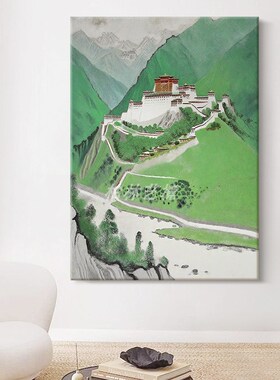 布达拉宫手绘油画中式客厅背有靠山装饰壁画玄关抽象风景丙烯挂画