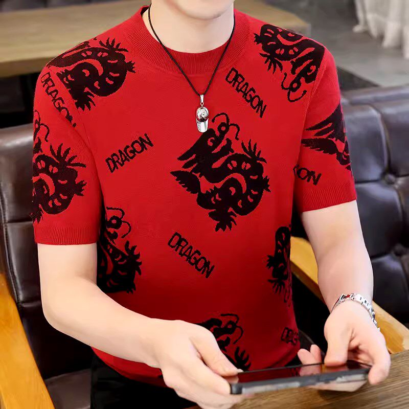 龙年红色针织短袖T恤男春秋季潮牌本命年男装衣服半袖毛衣打底衫
