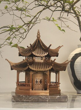 中国古建筑木模型中式古代木质拼装建筑成品古铜色模型摆件