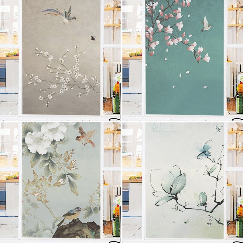 中式花鸟磨砂免胶静电卧室卫生间玻璃贴纸移门透光不透明防窥贴膜,家居饰品,玻璃膜/贴,淘宝优惠券,粉丝福利购,淘宝优惠卷