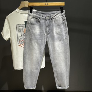 微锥形萝卜小脚裤 2024春秋季 九分牛仔裤 浅灰色男百搭弹力修身 新款