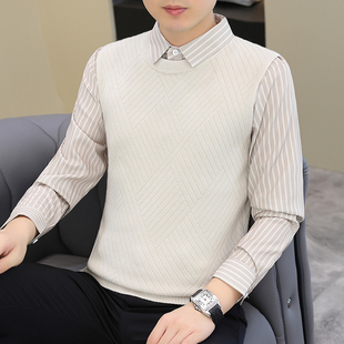 毛衣衬衫 针织衫 领秋冬衣服假两件线衣冬季 薄款 男冬 纯色打底衫 男士