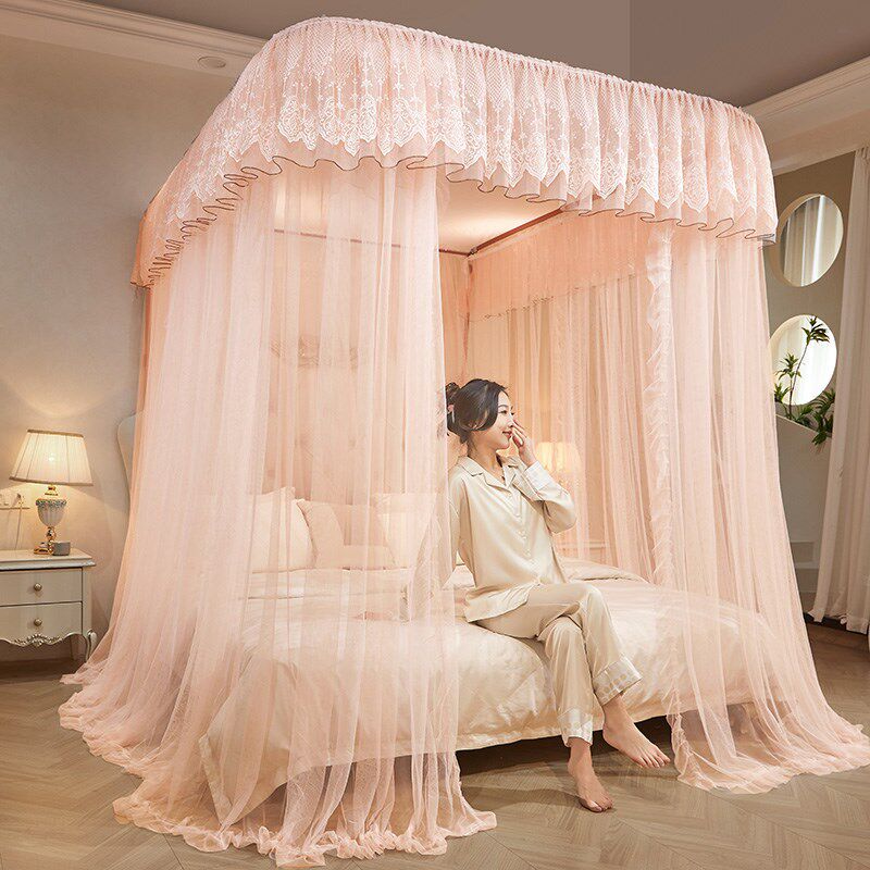 2024新款轨道U型导轨蚊帐加密加厚落地三开门家用卧室高级公主风