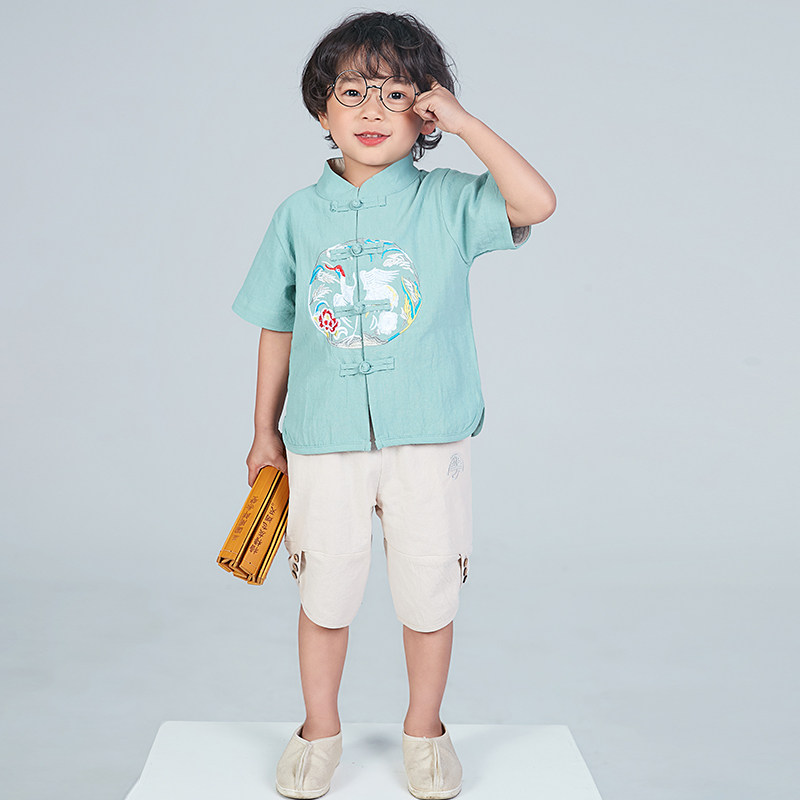 男童夏装汉服中国风古装儿童唐装套装女童短袖宝宝棉麻复古改良薄