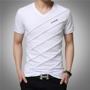 t恤v领纯棉男装 短袖 上衣半袖 白色打底衫 日系T 春夏新品 薄款 特大码