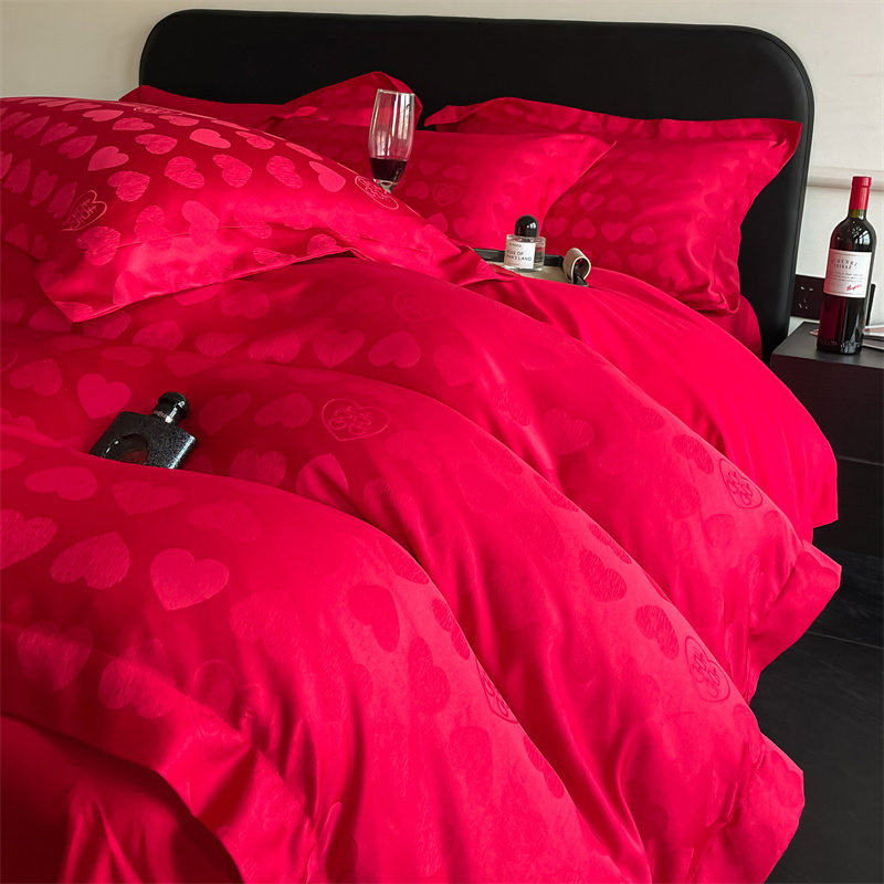 高档简约红色结婚床上用品四件套新婚庆女陪嫁床单被套抱枕六件套