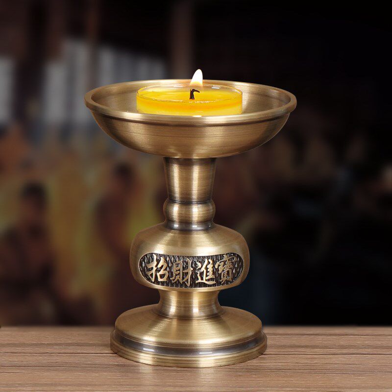 铜烛台 复古供佛纯铜 家用蜡烛台座香炉供奉蜡台底座一体佛前供灯