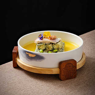 酒店酸菜鱼盆创意菜钵毛肚盘私房菜特色菜盘带木底座安徽菜农家荠