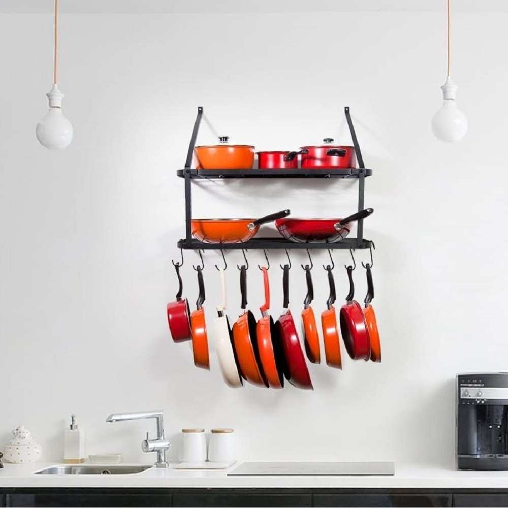 跨境temu铁艺厨房架锅架双层厨房置物架碗盘调料锅架悬挂式锅架