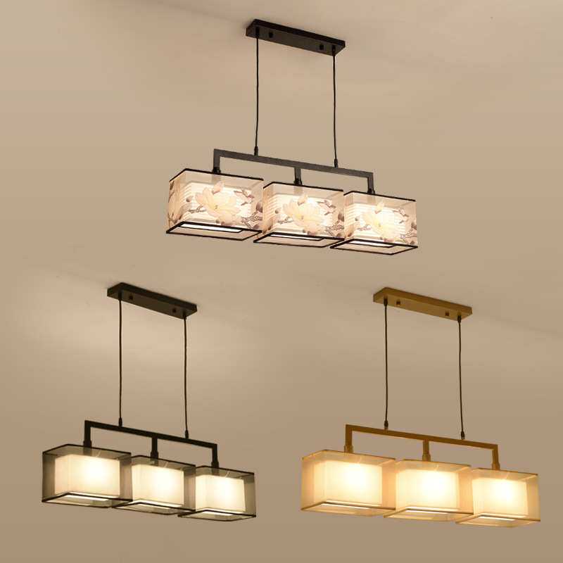 长方形新中式餐厅吊灯 仿古现代简约中式灯创意三头铁艺吧台灯具