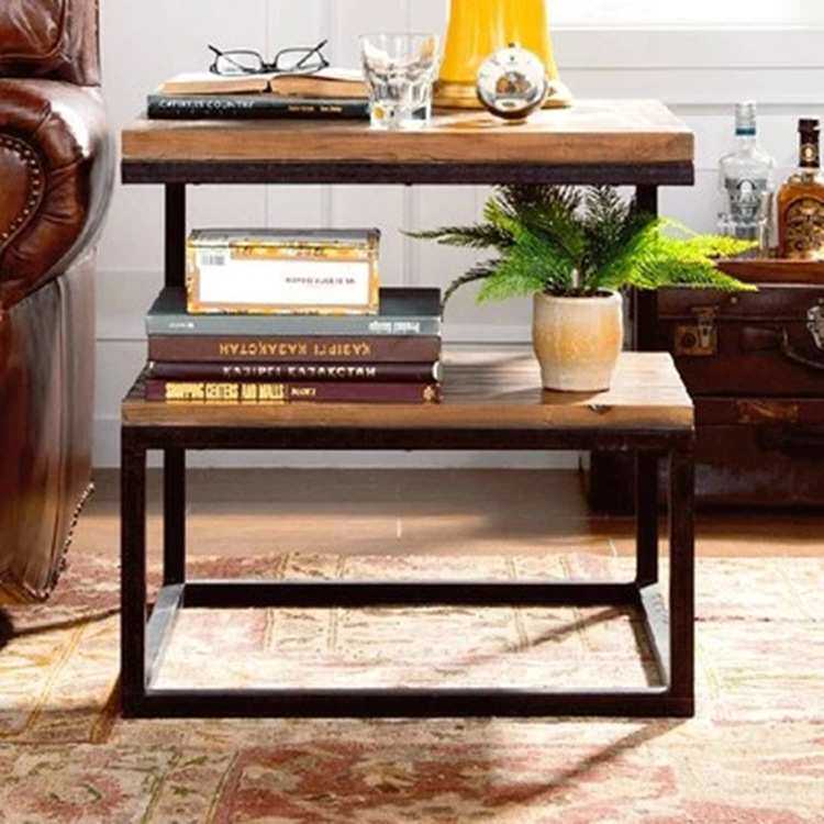 厂家直销美式乡村复古做旧铁艺茶几实木角边几客厅沙发茶几小书桌