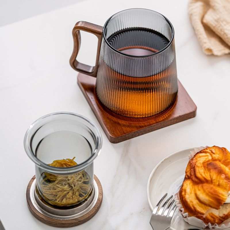 透黑玻璃墨合三件杯带木盖茶水分离泡茶杯侧木把竖纹玻璃青衫杯