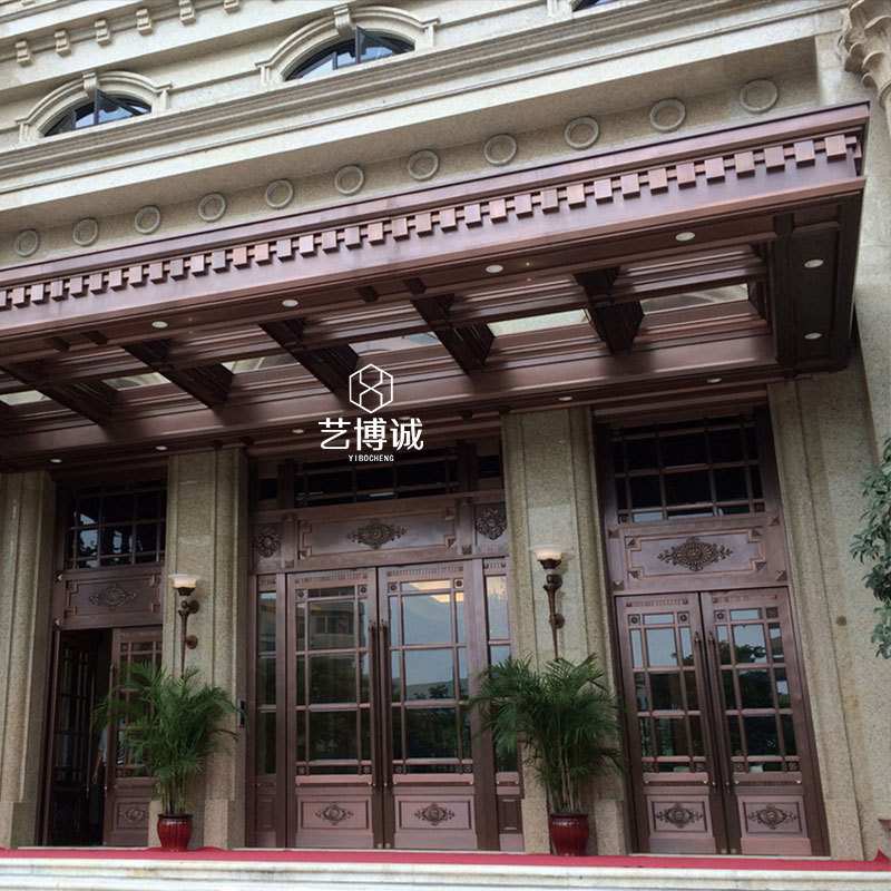 中式楼盘售楼中心大堂大门 售楼部装修设计红古铜色铝板雕刻大门