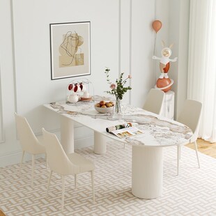 岩板餐桌网红一体家用小户型现代简约轻奢圆弧奶油风餐桌椅长方形