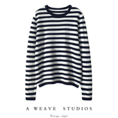 软糯亲肤 100%纯羊绒针织衫 黑白条纹打底衫 女宽松圆领长袖