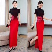 走秀旗袍舞台演出服2024新款 复古中国风气质优雅长款 开叉改良旗袍